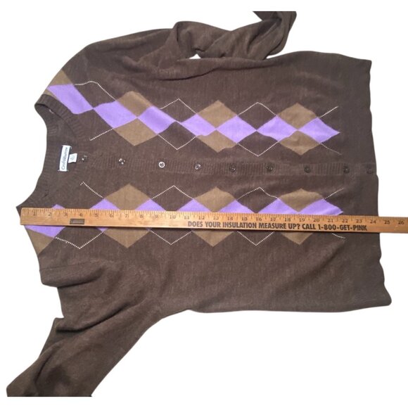 Croft & Barrow XL Brown Cardigan Sweater Purple Tan Argyle Preppy Academia - Picture 4 of 6